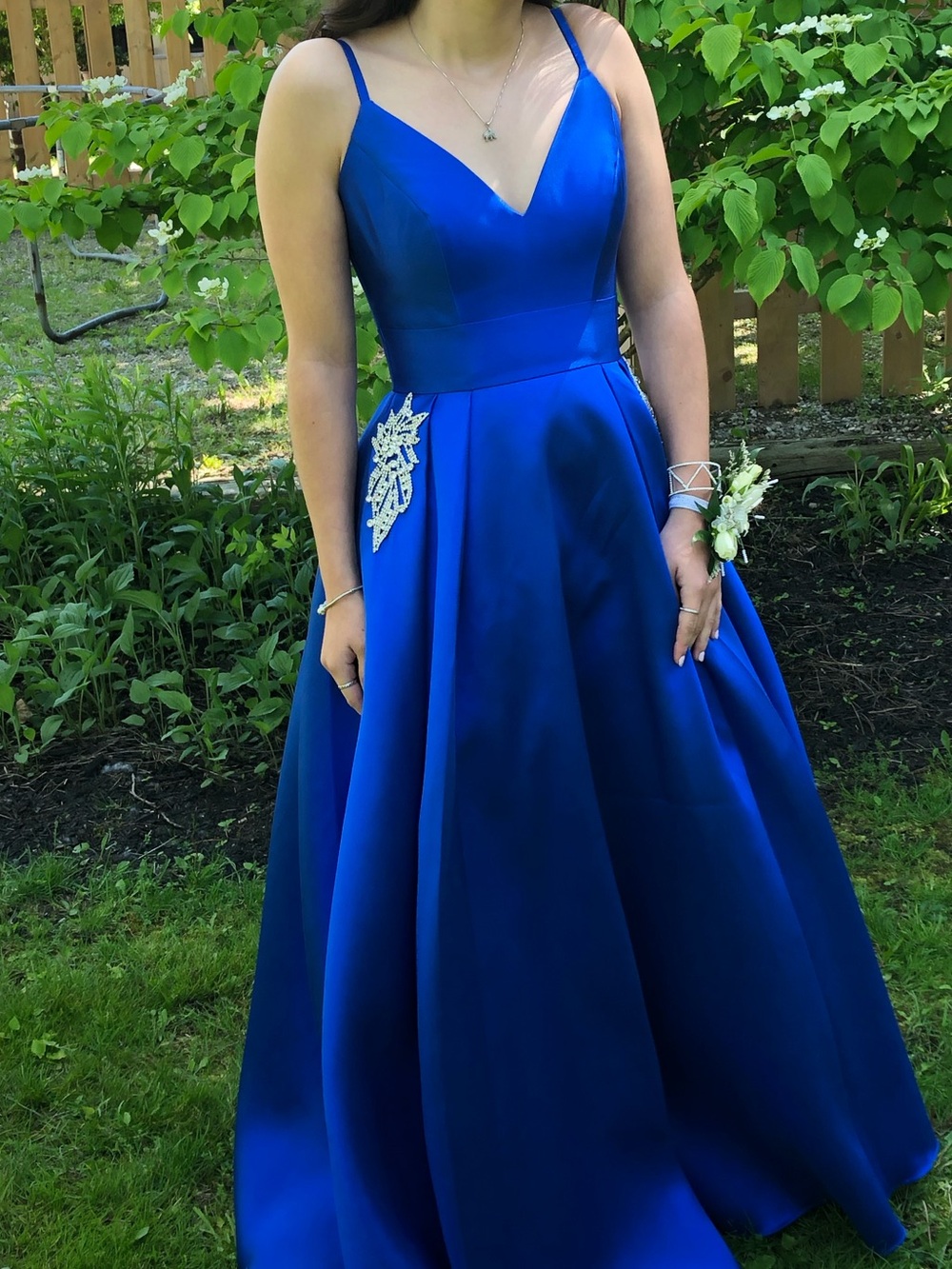 Royal Blue Satin V-Neck Prom Ball Gown
